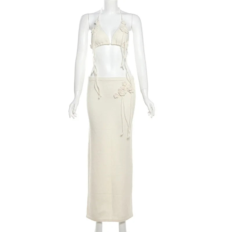Flower White Knitted Bikini Top Low Waisted Wrap Long Skirt Set