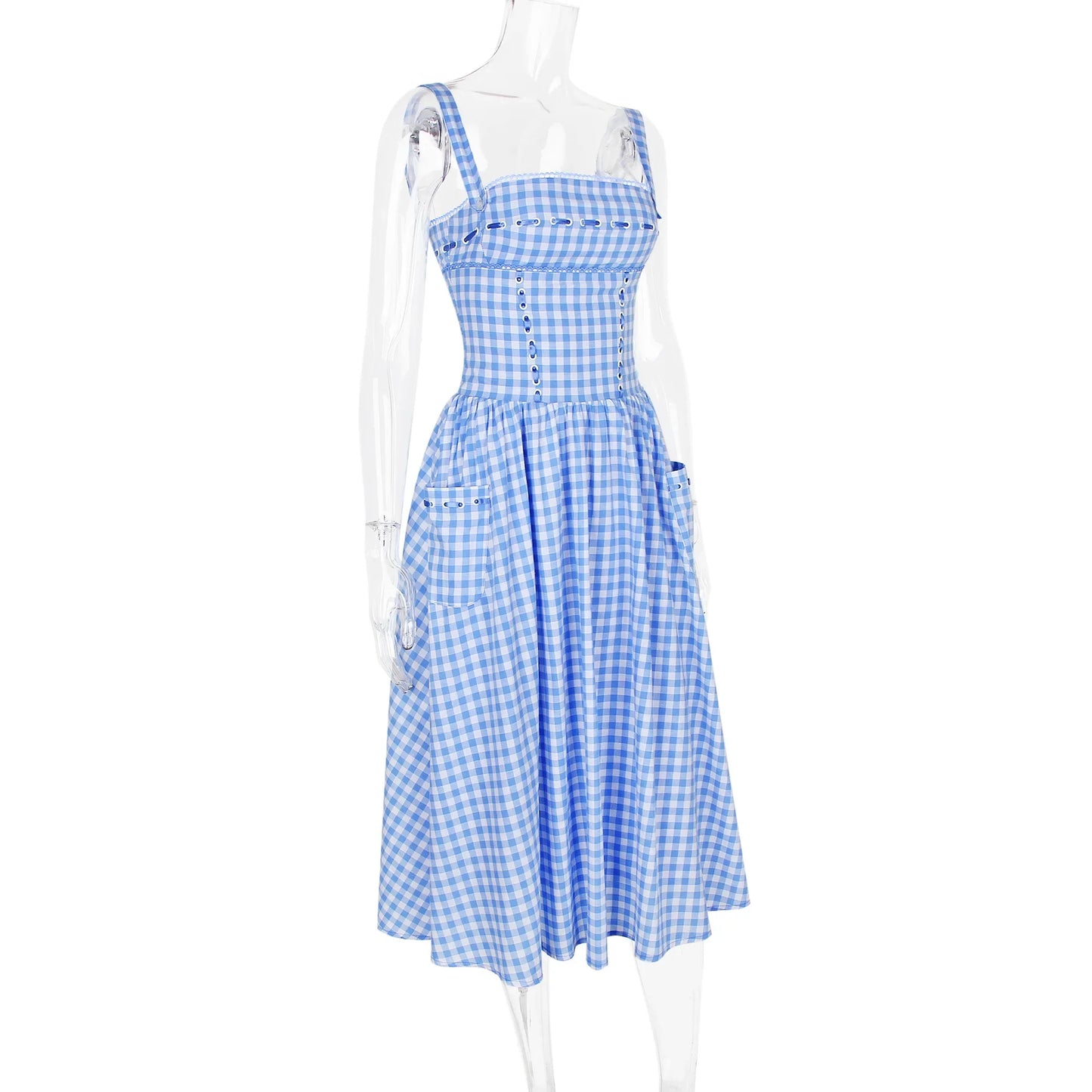 Blue Gingham Strap Midi Dress