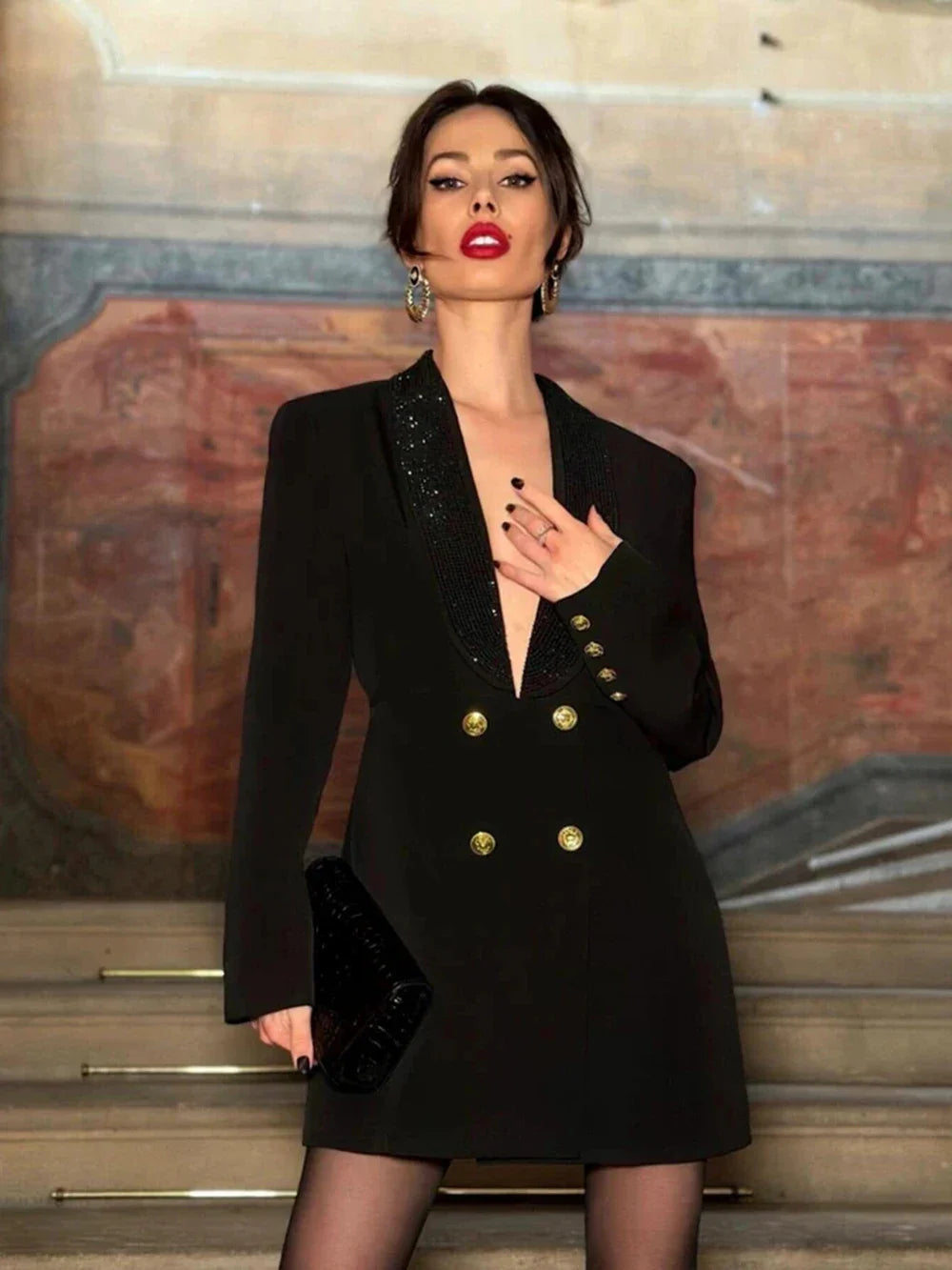 Red Sequin Collar Open Back Blazer Dress