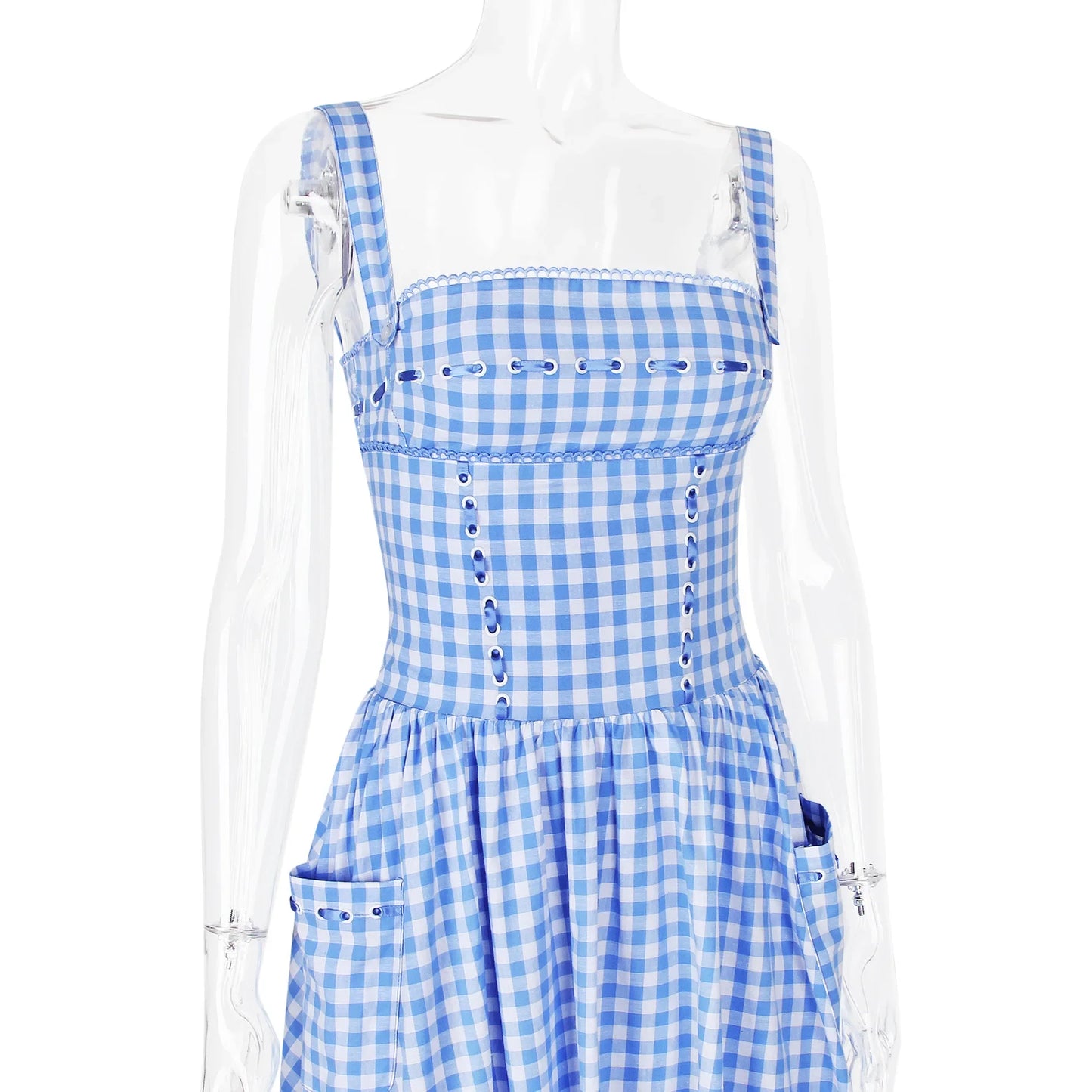 Blue Gingham Strap Midi Dress