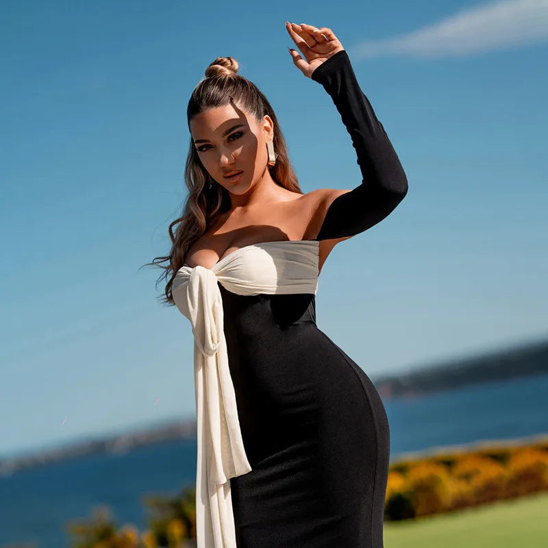 Black Patchwork Tie Up Off-shoulder Maxi Dress