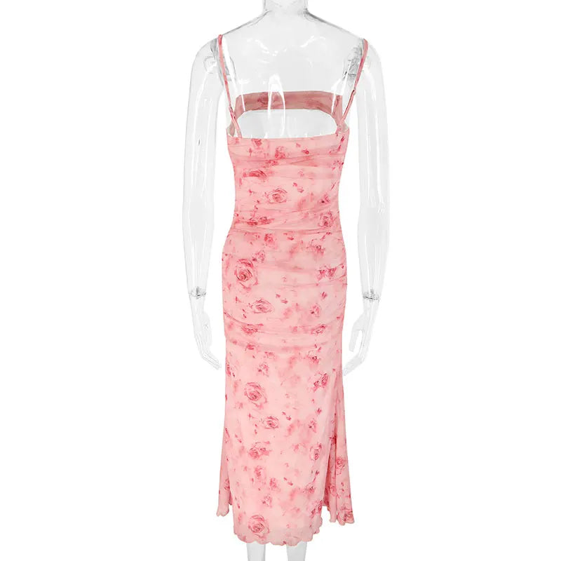 Pink Rose Printed Ruched Midi Dress