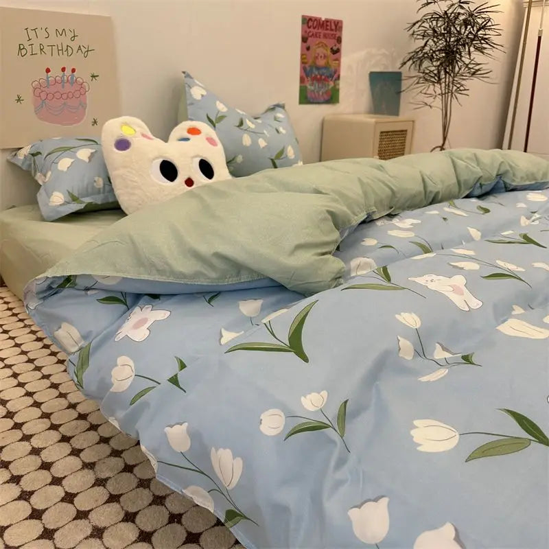 Duvet Cover Set for Boys and Girls, Cute Sweetheart, Flat Sheet, Pillowcase, Floral Bed Linen, Twin Queen Size, Home Bedding Kit