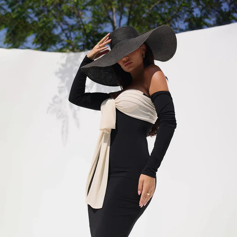 Black Patchwork Tie Up Off-shoulder Maxi Dress