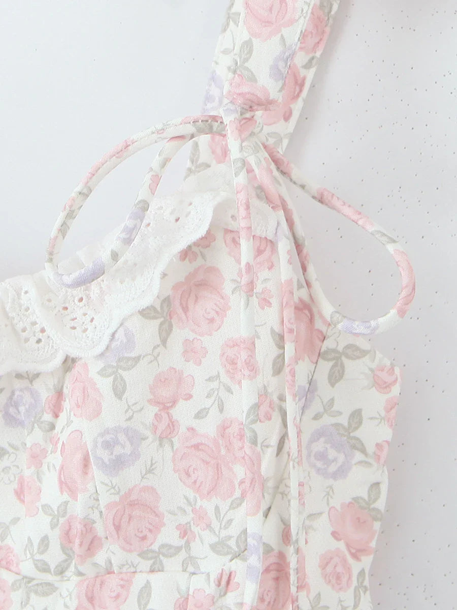 Pink Floral Tie Up Eyelet Trim Mini Dress