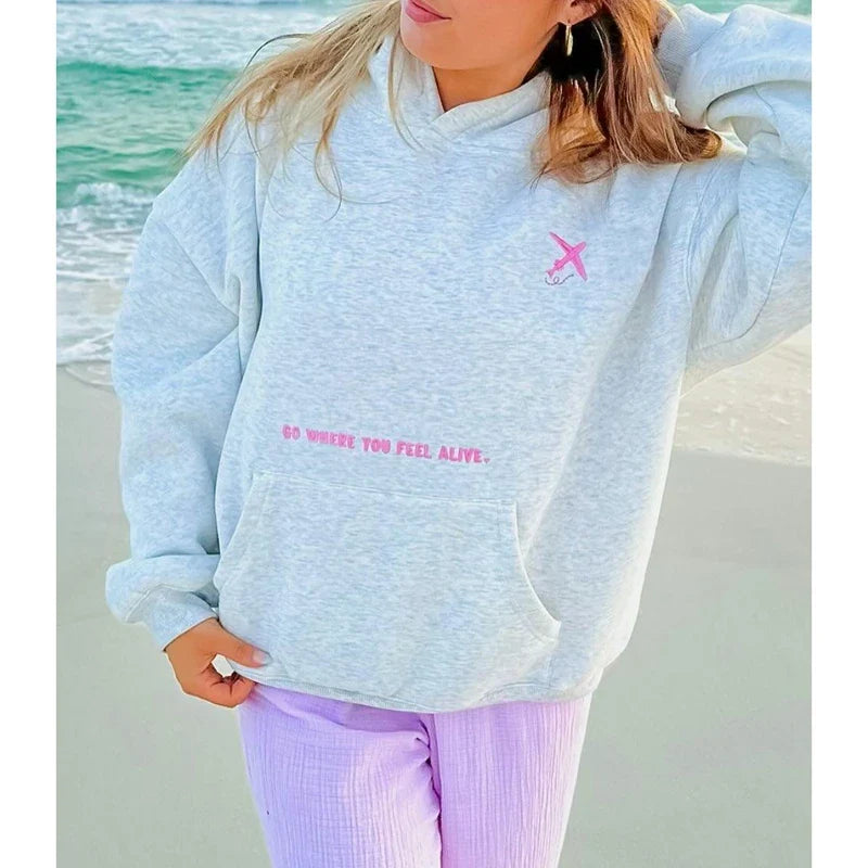 Grey Flower Letter Embroidery Hoodie
