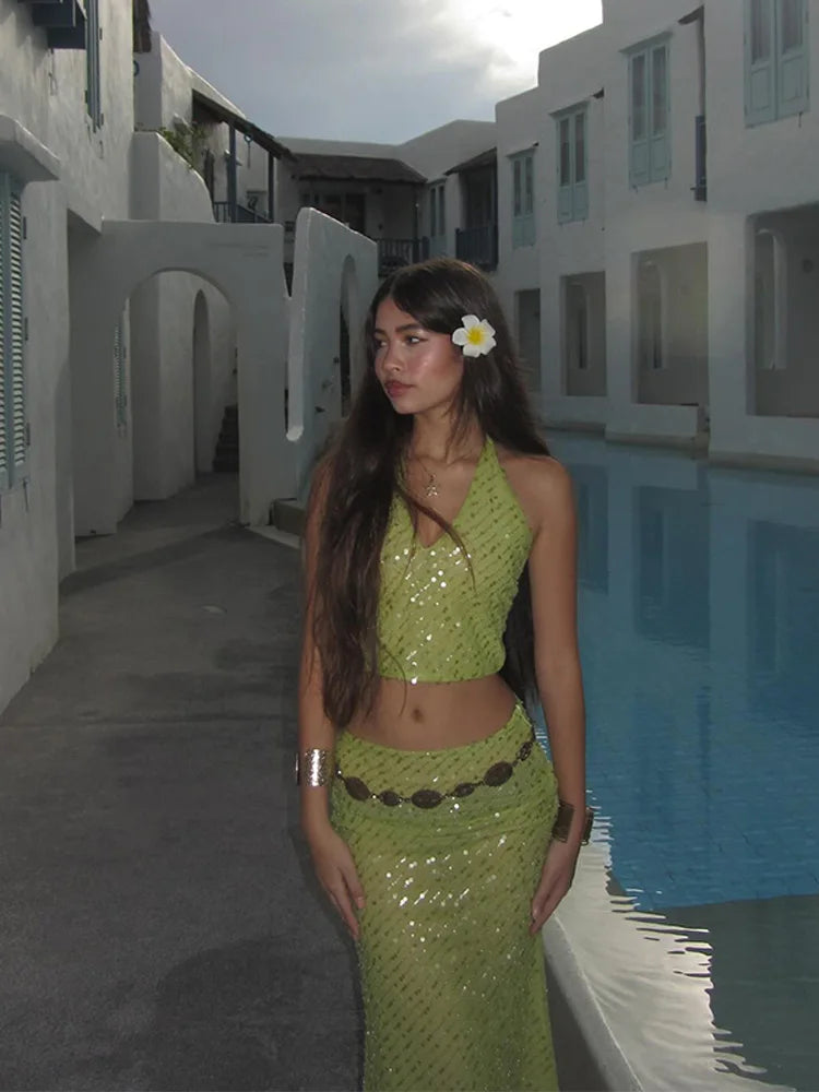 Green Sequin V-neck Halter Tie And Midi Skirt Set