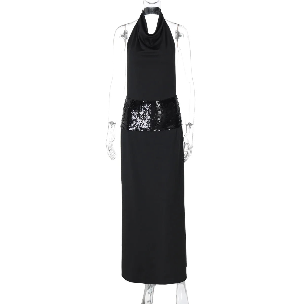 Black Halter Backless Sequin Patchwork Maxi Dress