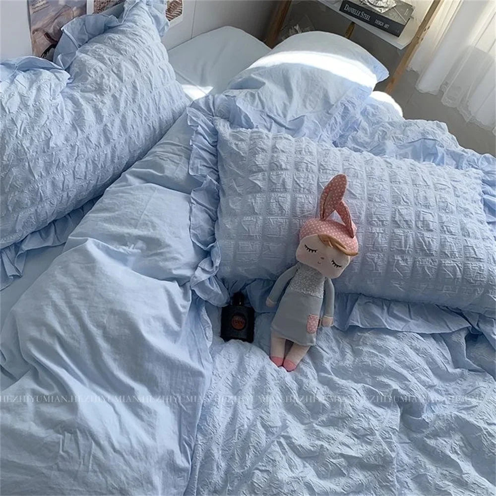 INS Girl Blue Bedding Sets Solid Color Seersucker Ruffles Lace Kawaii Soft Sheet Woman Duvet Cover Pillow Covers Quilt Cover