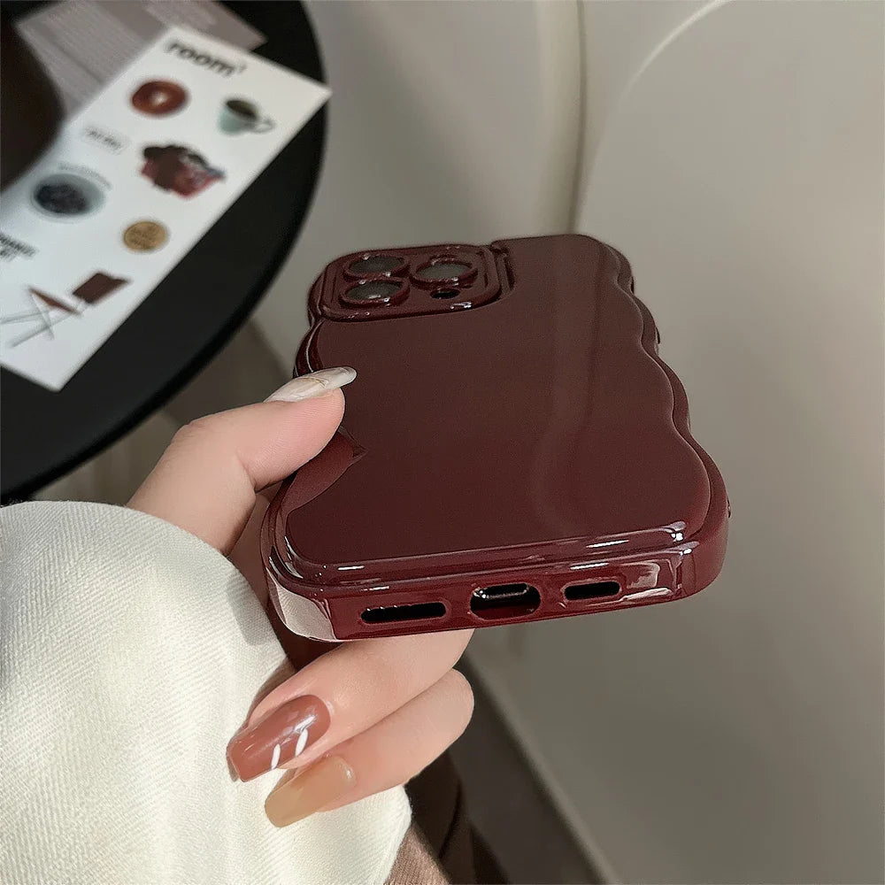 Cute Wave Edge Wine Red Color Phone Case For iPhone 16 15 14 13 12 11 Pro Max Soft Silicone Shockproof Back Cover Christmas Gift