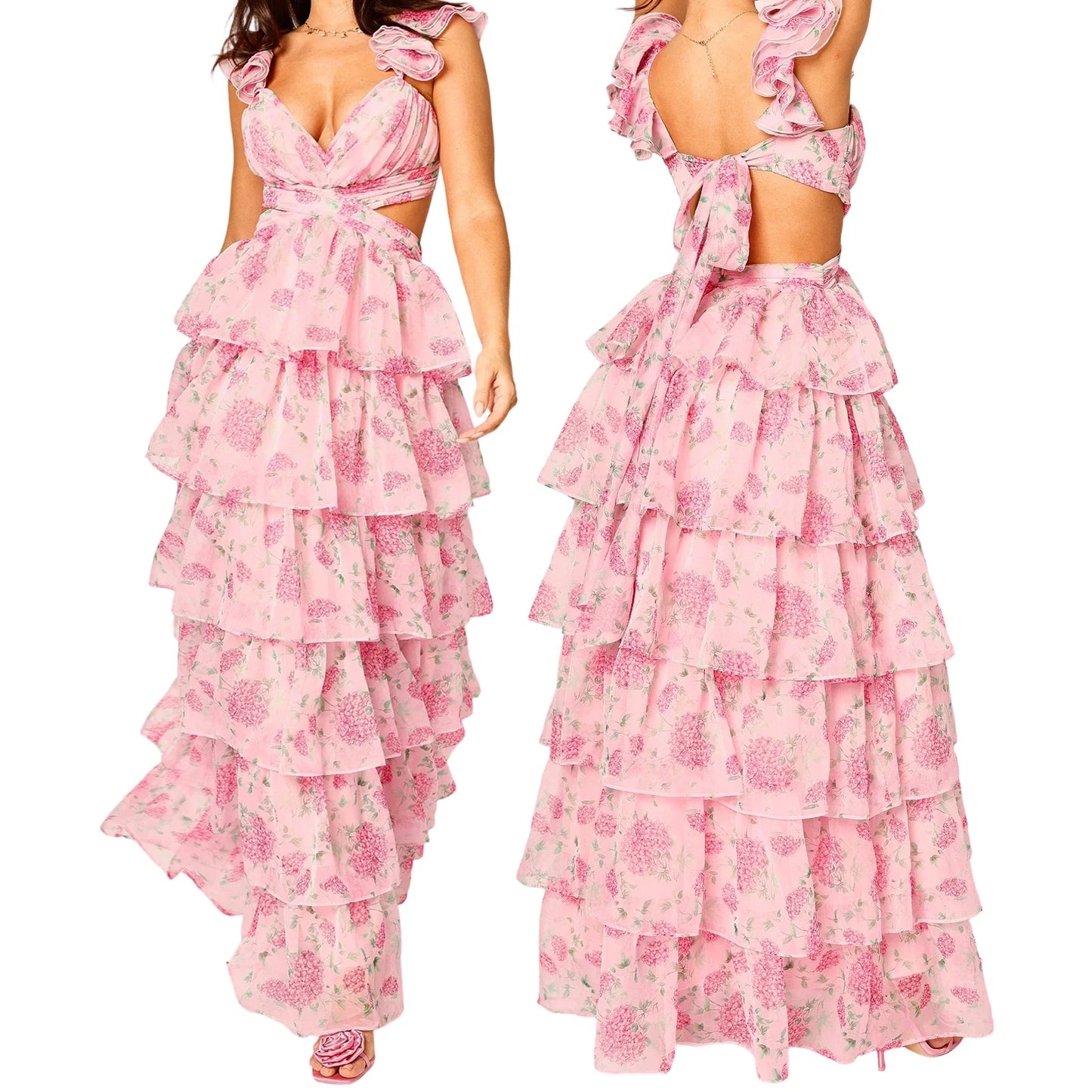 Floral Tiered Ruffles Maxi Dress - V-Neck A-Line