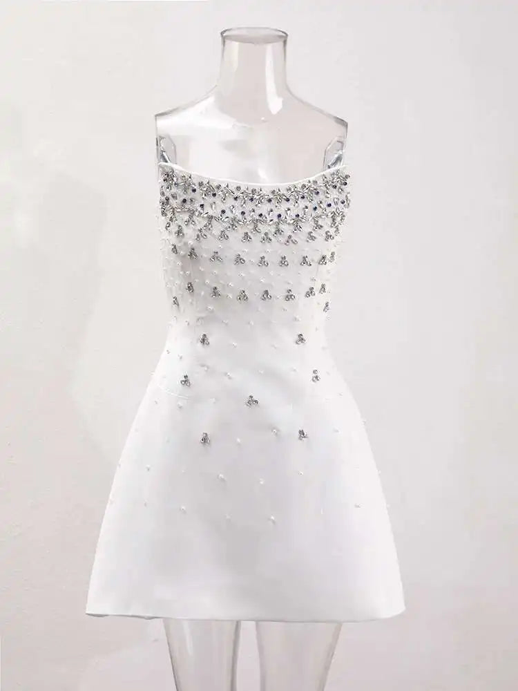 Back Diamond Stones Flare Strapless Mini Dress