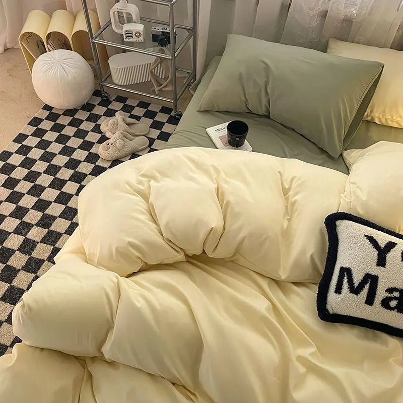 Korean Solid Purple Bedding Set Soft Flat Sheet Duvet Cover Pillowcase Polyester Bed Linen Twin Queen Full Size Quilt Cover Set