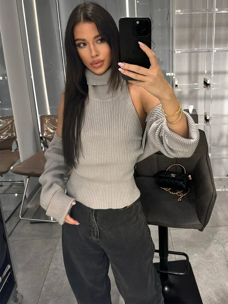 Grey Knit Turtle Neck Removable Sleeve Tank Top