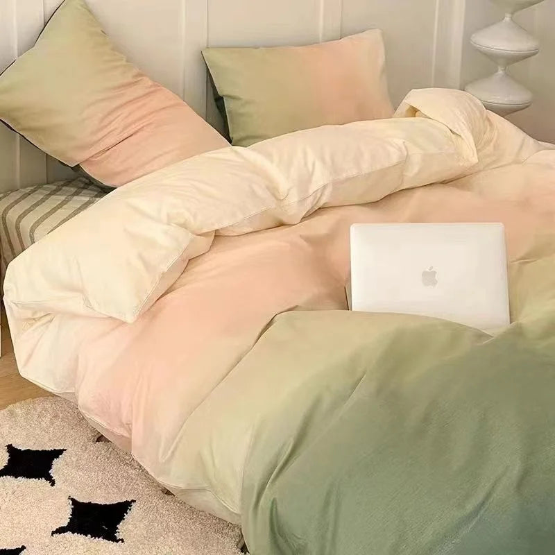INS Gradient Cream Pink And Green Bedding Sets Streak Flat Sheets Soft Home Textile For Girls Full Size With Pillowcases