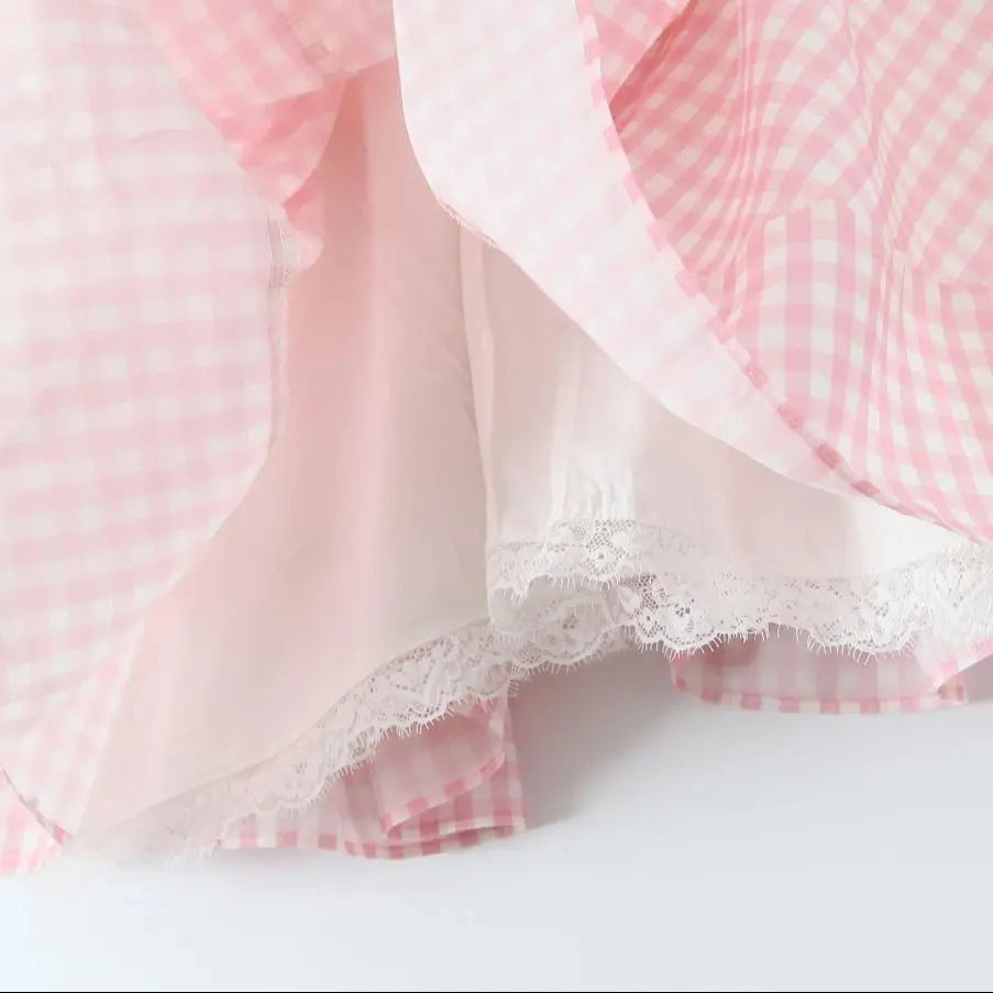 Pink Plaid Lace Corset Style Mini Dress