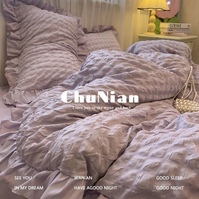 INS Girl Blue Bedding Sets Solid Color Seersucker Ruffles Lace Kawaii Soft Sheet Woman Duvet Cover Pillow Covers Quilt Cover