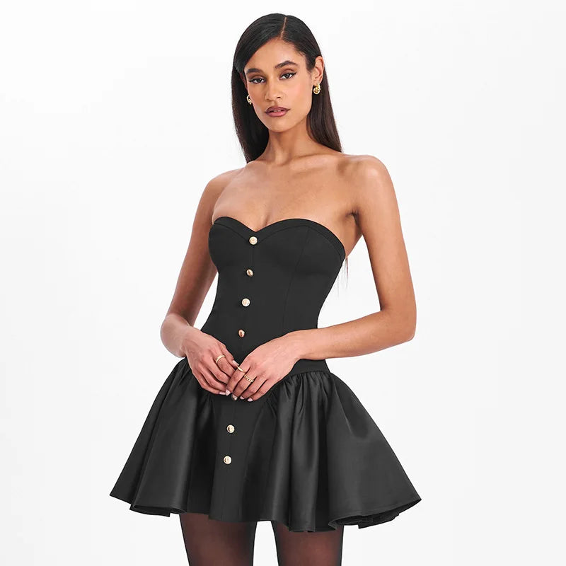 Black Flare Gold Buttoned Strapless Mini Dress