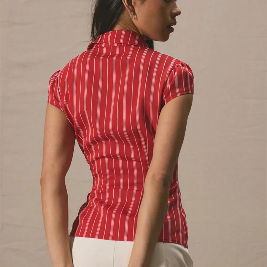 Red Stripe Short-Sleeved Button-Up Shirt