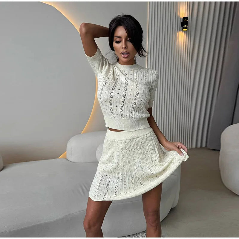 O-neck Knitted Short Sleeve Top And Mini Skirt Set