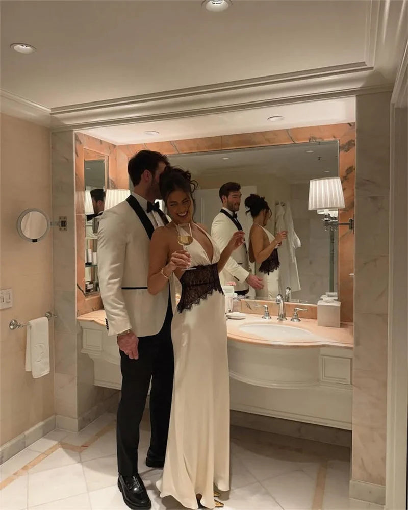 Lace Patchwork Halter Satin Maxi Dress