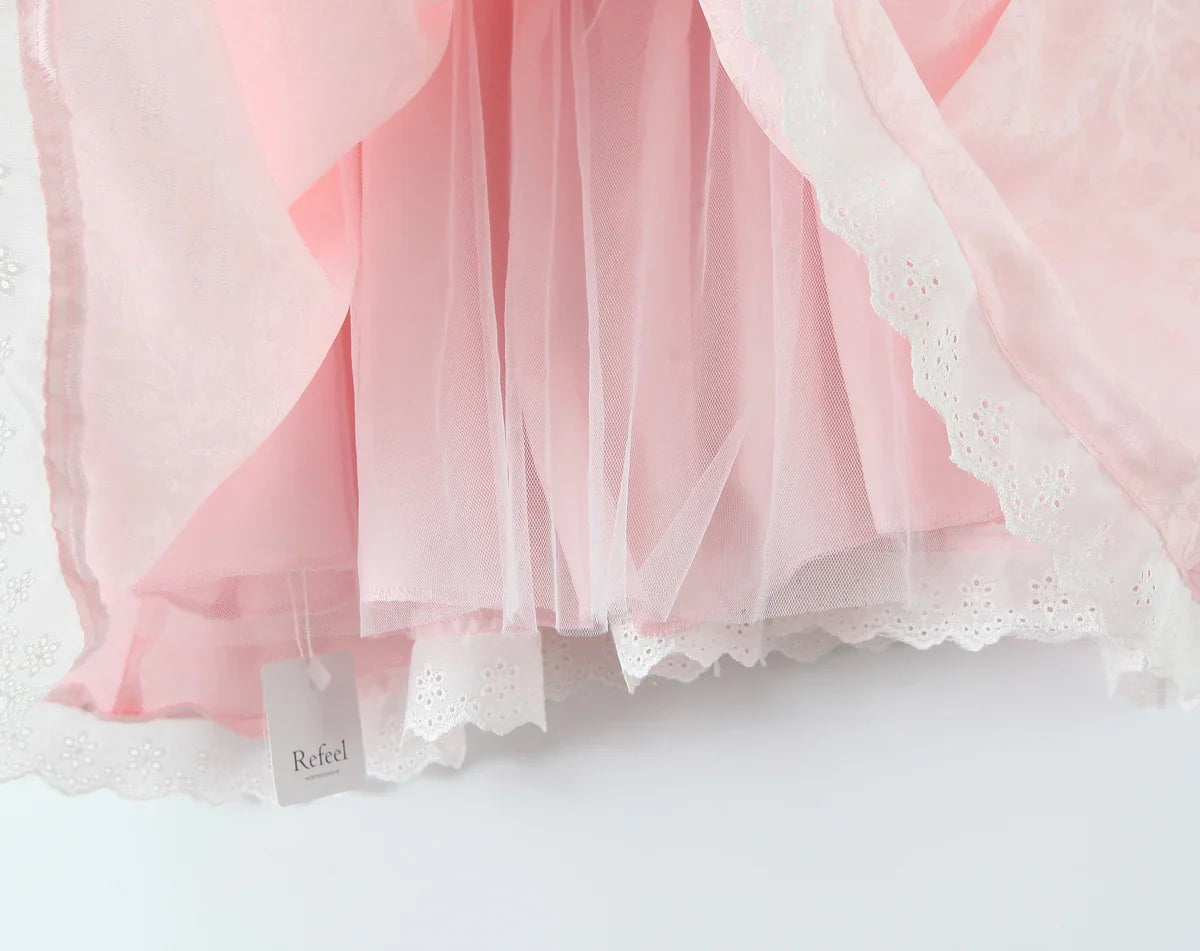 Tie Up Bow Lace Trim Flare Mini Dress