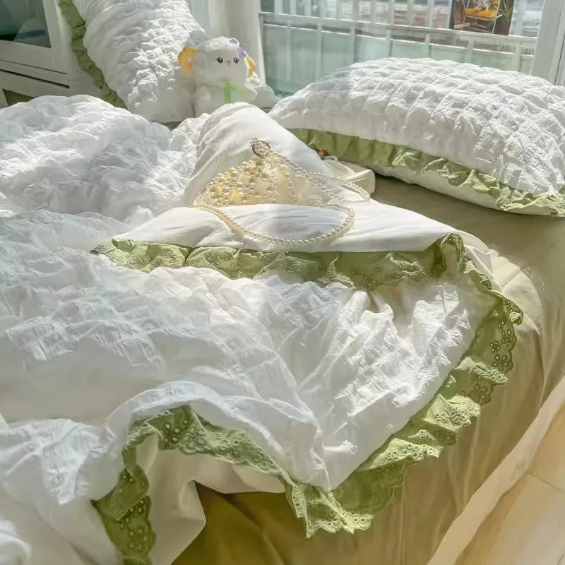 Korean Seersucker Ruffle Bedding Set For Women Princess Style Bedroom Bed Sheet Set Queen Washed Cotton Solid Color Bed Linen