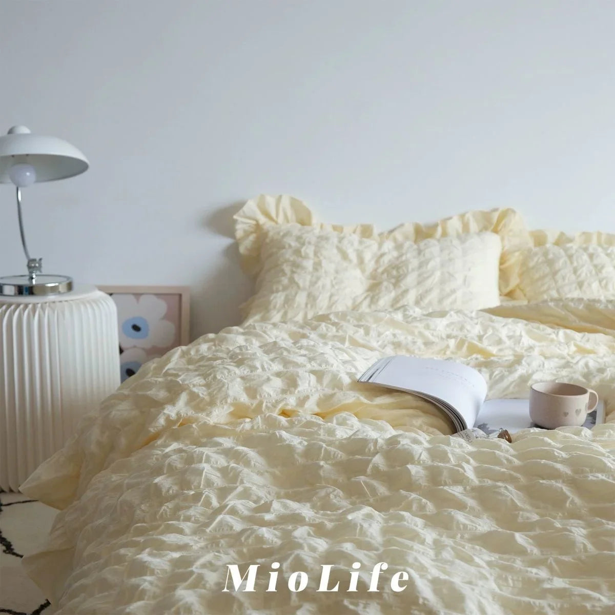INS Girl Blue Bedding Sets Solid Color Seersucker Ruffles Lace Kawaii Soft Sheet Woman Duvet Cover Pillow Covers Quilt Cover