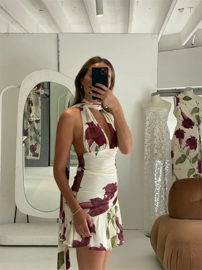 Floral Print Halter Tie Up Mini Dress