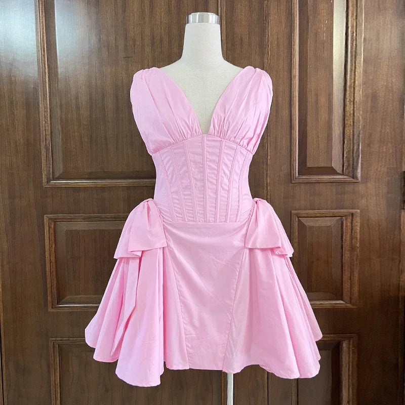 Red V-neck Pleated Mini Dress