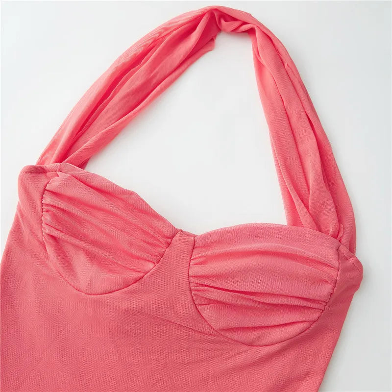 Pink Strapless Sheer Halter Long Dress