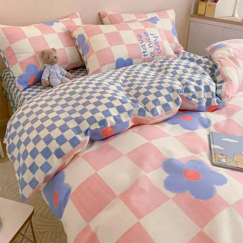 Classic Plaid Bedding Set Grey Pink Ins Twin Queen Duvet Cover Flat Sheet Pillowcase No Filler Girl Boys Hotel Home Bed Linens