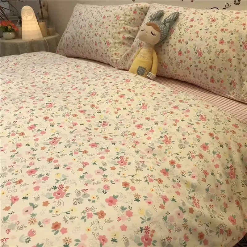 Korean Style Fashion Bedding Set Kids Adults Twin Full Queen Size Blue Bed Flat Sheet Duvet Cover Pillowcases Floral Bed Linen