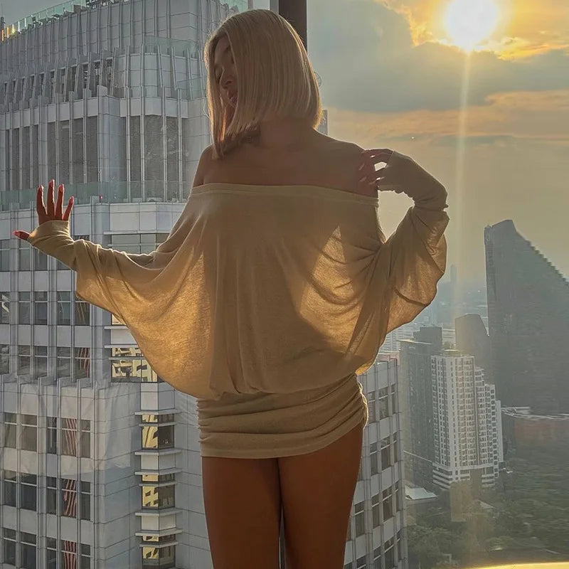 Sheer Off-shoulder along Sleeve Puff Mini Dress