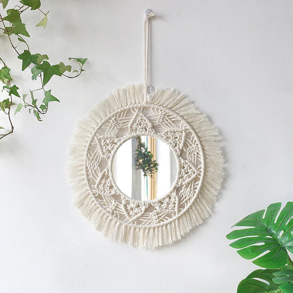 Macrame Decorative Wall Mirror Boho Home Decor Makeup Aesthetic Mirrors Living Room Bedroom Christmas Wedding Decoration Gift