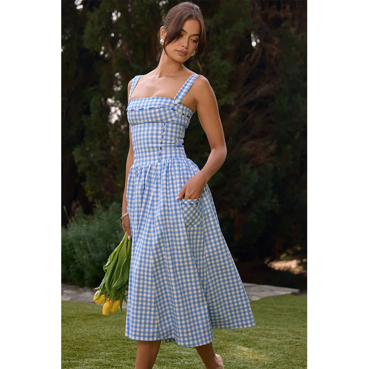 Blue Gingham Strap Midi Dress