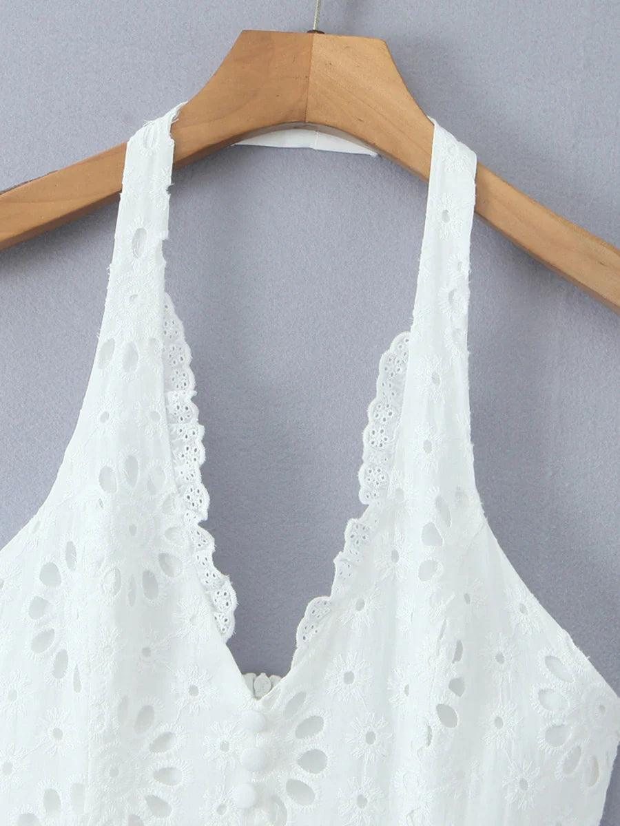 White Halter Eyelet Flare Mini Dress