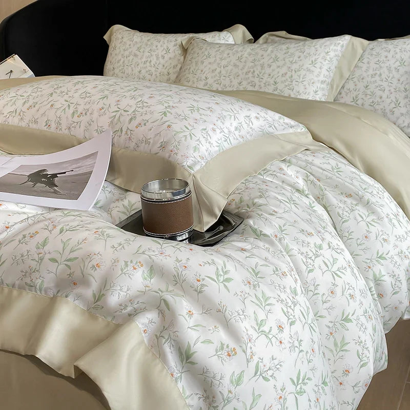 Luxury Digital Printing Flowers and Plants Bedding Set Lyocell Eucalyptus Fiber Soft Silky Duvet Cover Bed Sheet Pillowcase 4Pcs