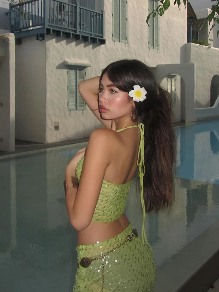 Green Sequin V-neck Halter Tie And Midi Skirt Set