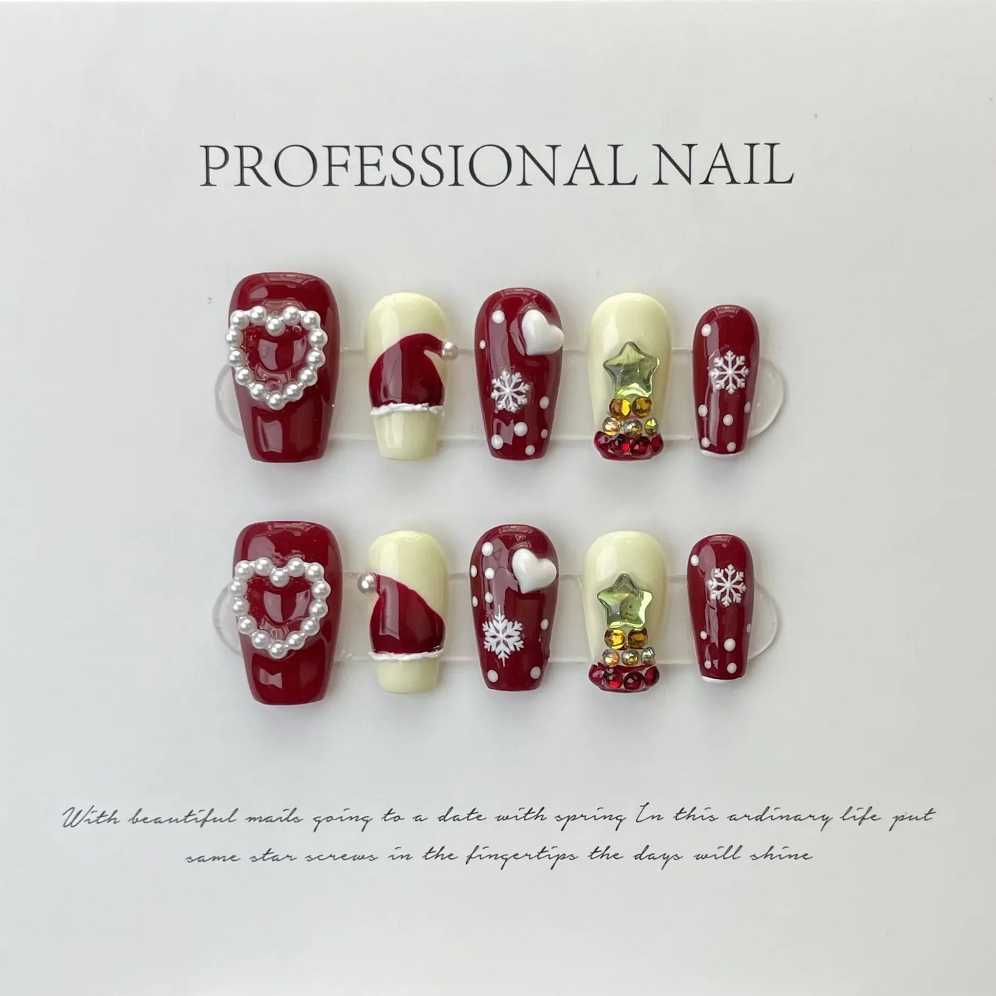 10Pcs Christmas Red Fake Nails Press on Hand-painted Snowflake with 3D Pearl Heart Star Design False Nail Full Over Manicure Tip