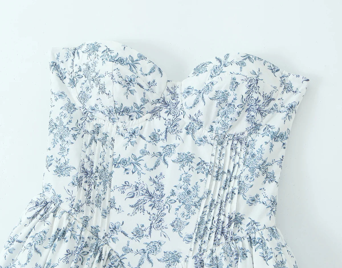 Blue Floral Corset Strapless Midi Dress