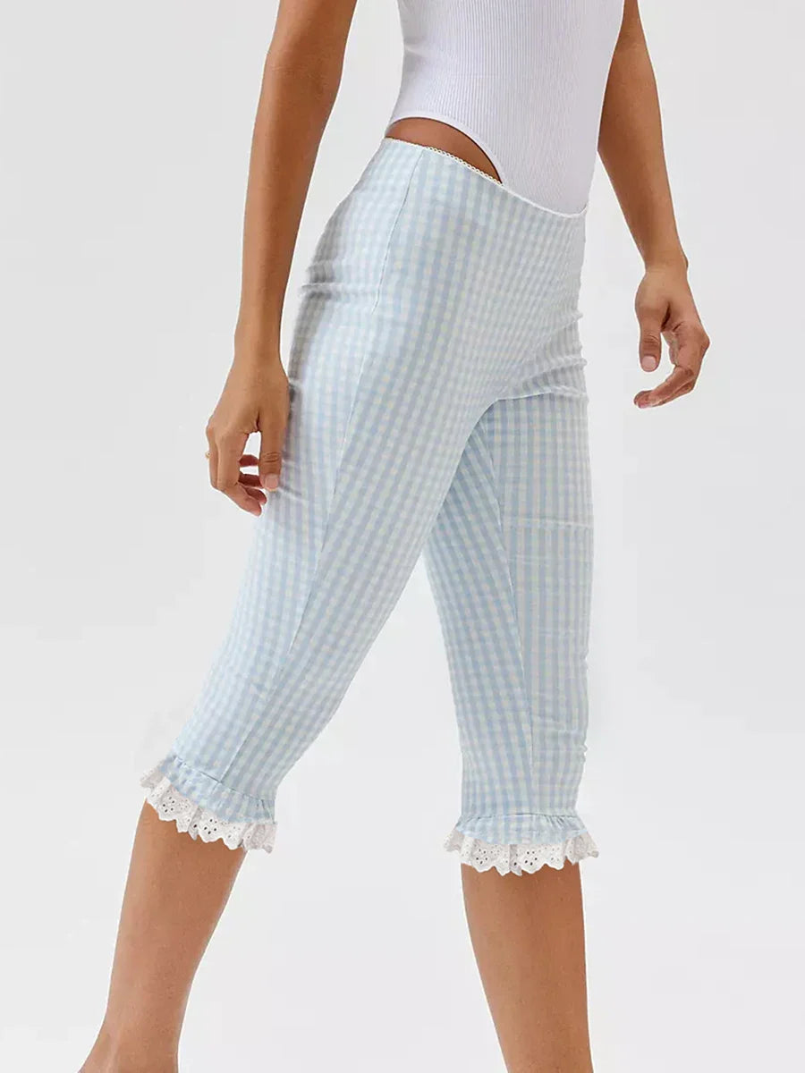 Plaid Lace Trim Capri Leggings