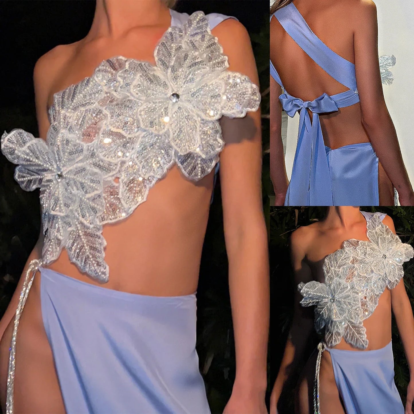 3D Layered Flower Rhinestone Bra Bow Tied Top