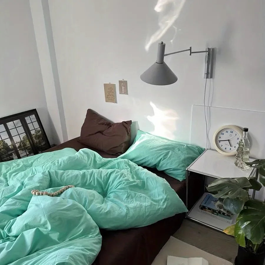 Solid Grey Matcha Color Bedding Set Adults Kids Twin Full Queen Size Bed Flat Sheet Duvet Cover Set Pillowcases Simple Bed Linen
