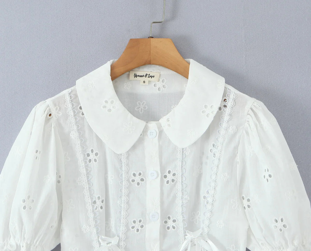 White Embroidery Lace Peter Pan Collar Short Sleeve Top