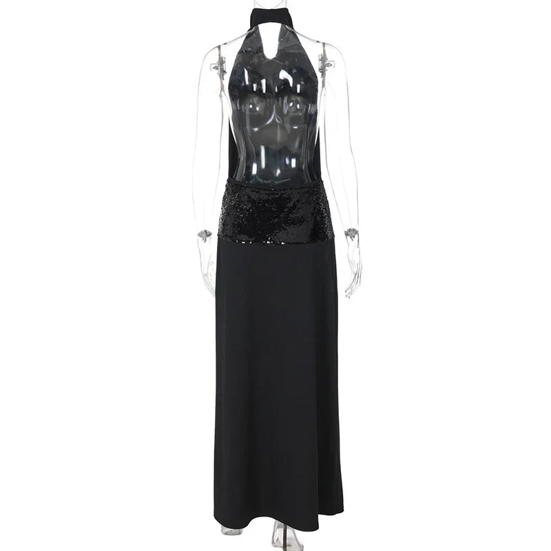 Black Halter Backless Sequin Patchwork Maxi Dress