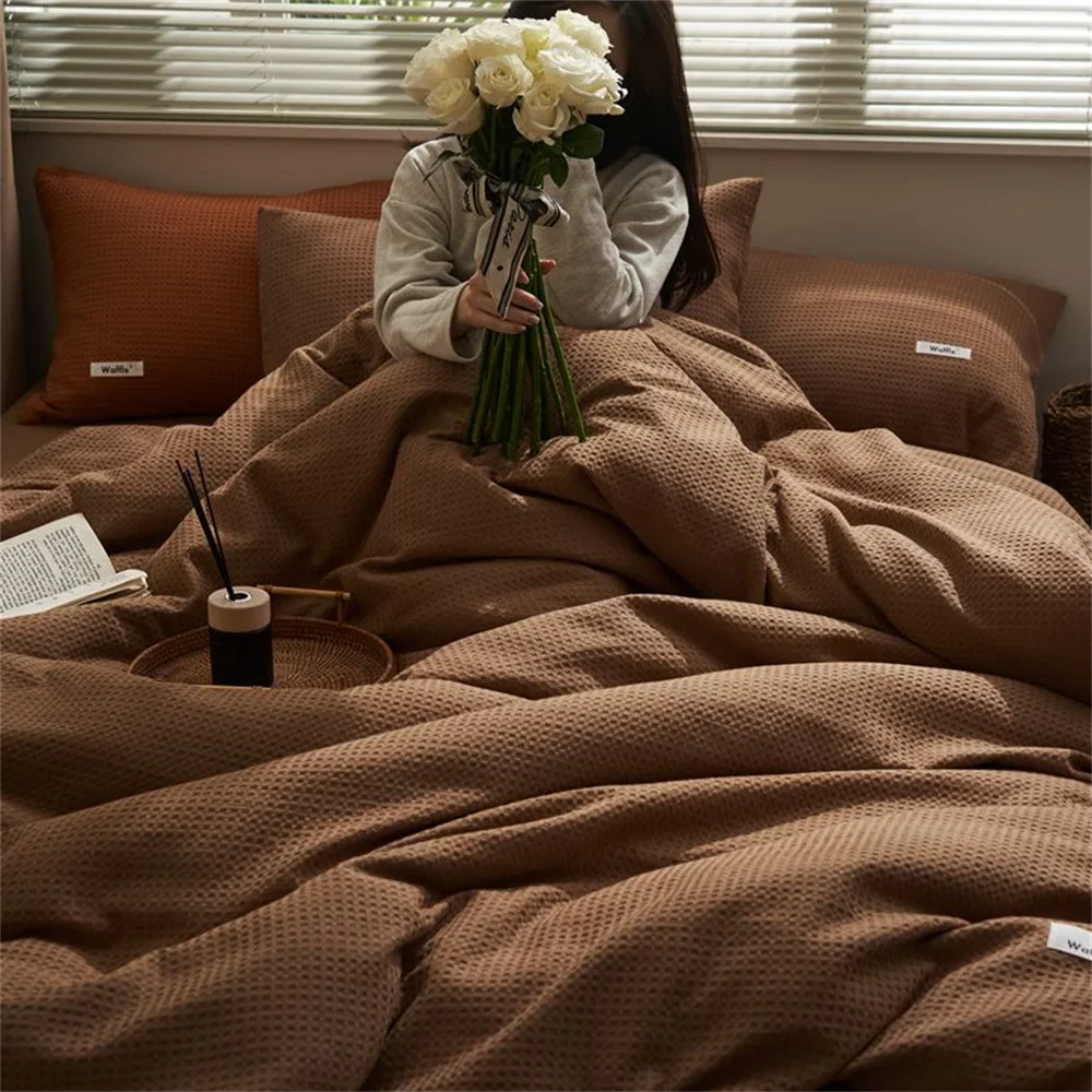 Ins Style Solid Color Waffle Cotton Duvet Cover Set Bed Sheet Four Piece Set High Beauty Quilt Sheet Bed Sheet Bedding Set