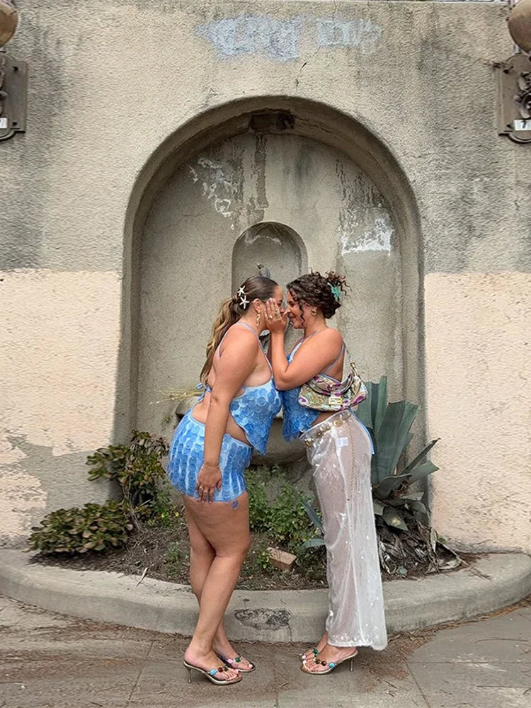 Blue Sequin Halter Tank Top Mini Skirt Sets