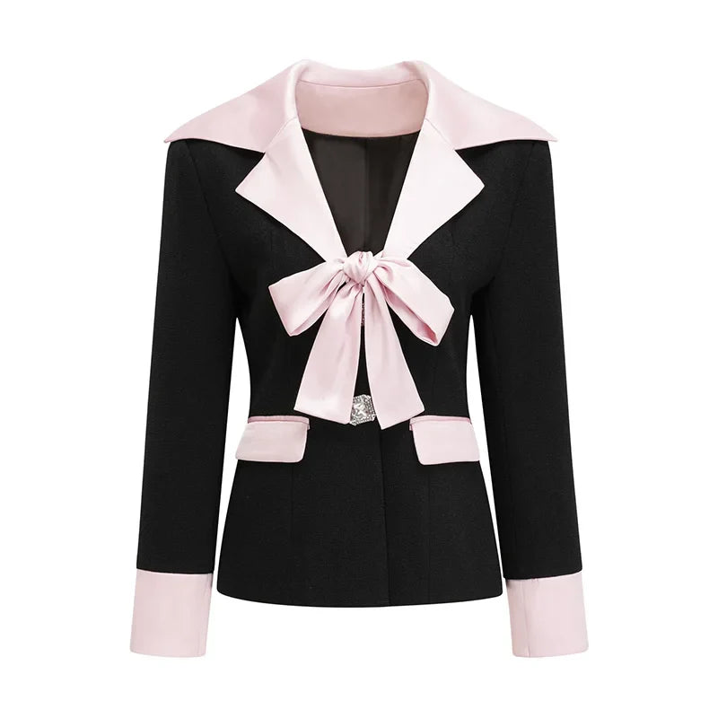 Black Blazer With Pink Satin Satin Contrast And Mini Skirt Set