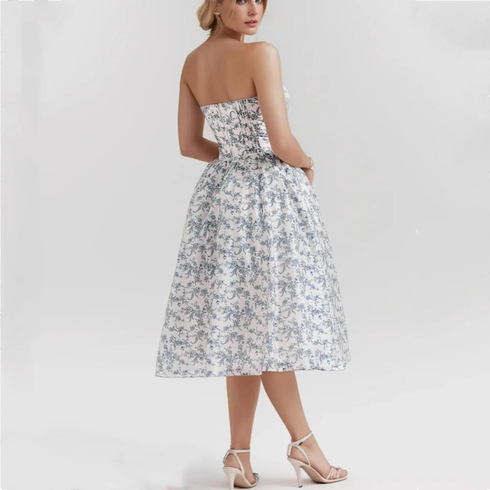 Blue Floral Corset Strapless Midi Dress
